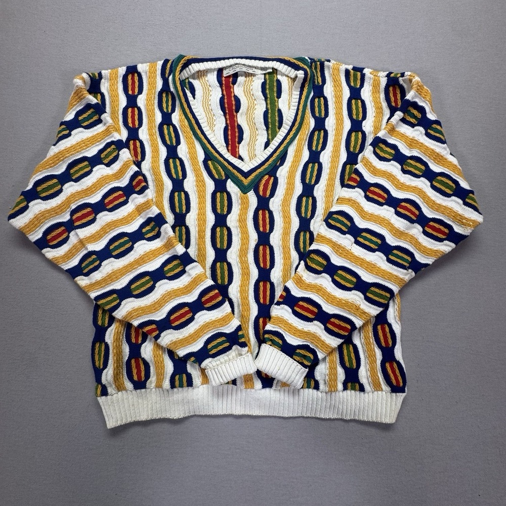 Crossings Mens Sweater Regular‎ Multi Color 3D Texture V-Neck Vintage Large